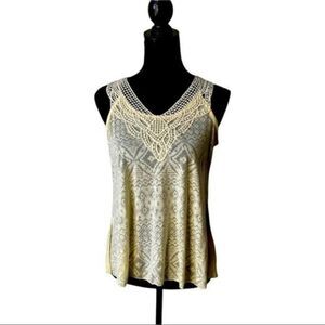 KENAR Women’s Cami Top Size M Soft Yellow 100% Cotton Crochet V Neck Boho Casual